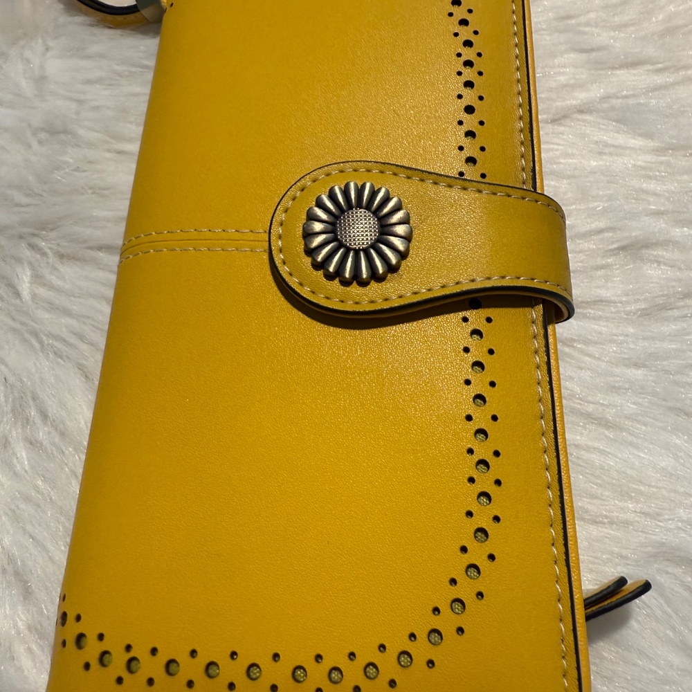 Yellow Women's Leather Wallet with Floral button - Picture 6 of 9